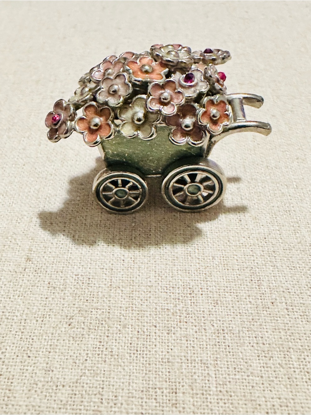 Monet | Trinket Box | Monet Silver Floral Cart Brooch with Green & Pink Enamel - Picture 7 of 10